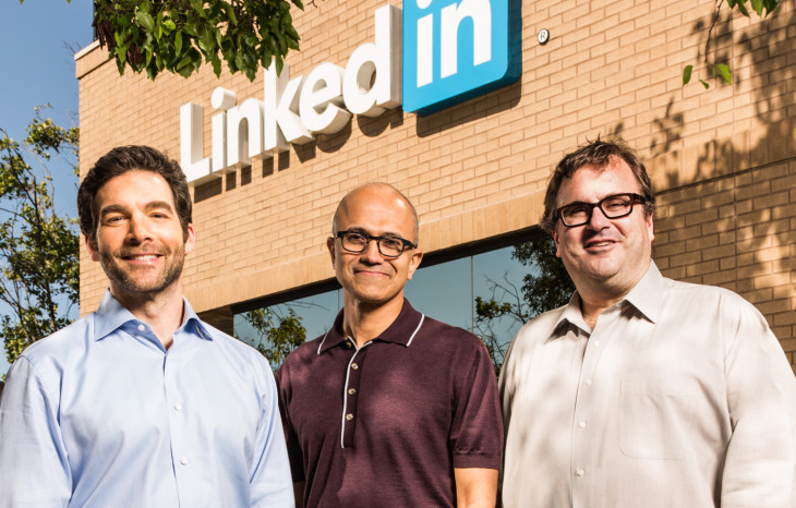 Jeff Weiner, Satya Nadella e Reid Hoffman. Foto: Divulgação.