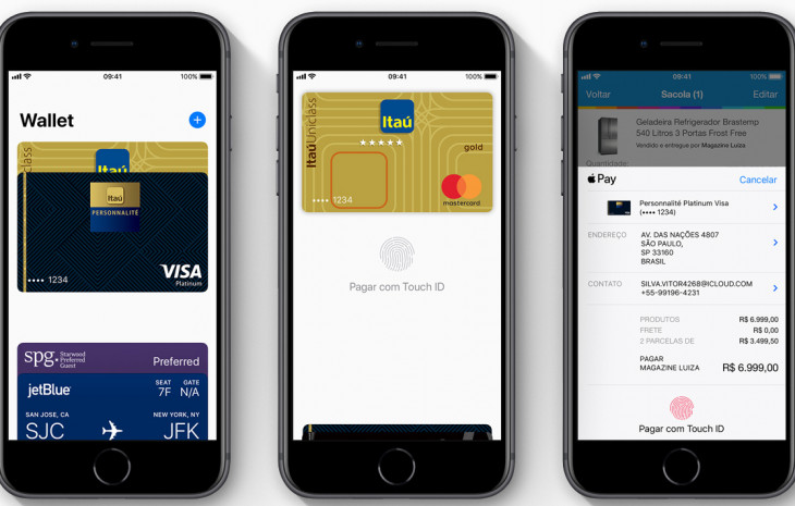 O site brasileiro do Apple Pay mostra imagens do sistema atuando com cartões Itaú. Foto: Divulgação.