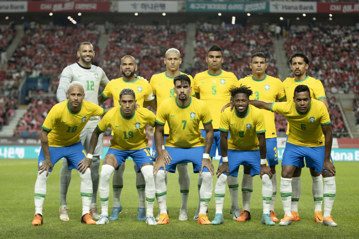 Brasil x Coréia em Seul. Weverton, Daniel Alves, Richarlison, Casemiro, Thiago Silva, Marquinhos, Neymar, Raphinha, Paquetá, Fred e Alex Sandro. Foto: Lucas Figueiredo/CBF.
