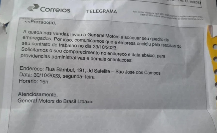 Telegrama enviado pela GM. Foto: Reprodução/Sindicato dos Metalúrgicos de São José dos Campos e Região